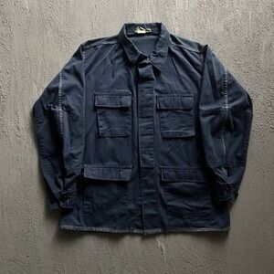Vintage BDU Combat Jacket Large Long Navy Blue 90s Military Field Coat Modified